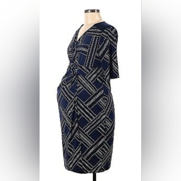 A Pea in the Pod Maternity Dress Navy Blue White Weave Pattern Size Small - Picture 1 of 4